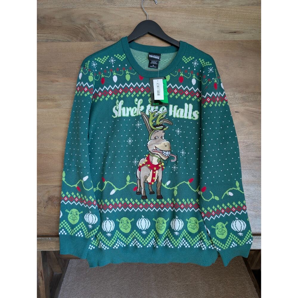 Dreamworks Shrek The Halls Donkey Holiday Sweater Mens XL Green Long Sleeve NWT